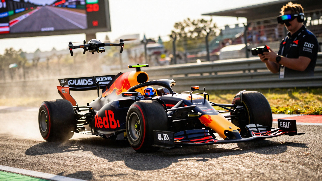 Red Bull Racing Formula 1 car driving on track with a drone flying nearby and a man controlling it.
