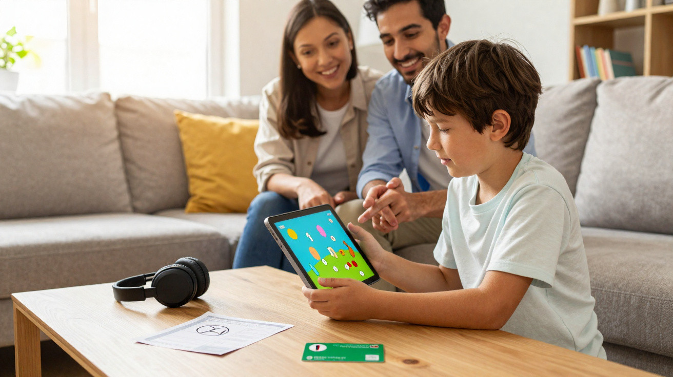 Child playing an educational game on a tablet with parents watching happily in a living room.