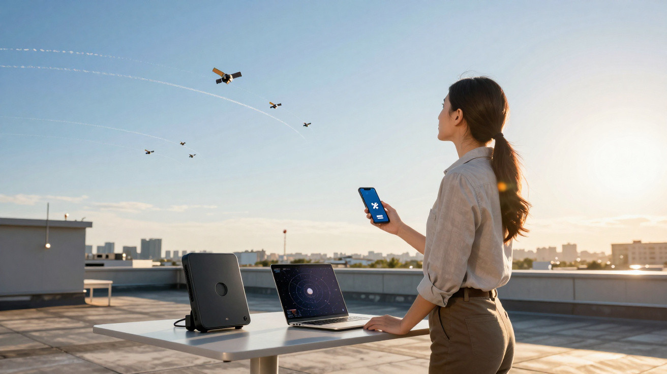 Woman controlling multiple small drones with smartphone on rooftop beside laptop and drone dock at sunset.