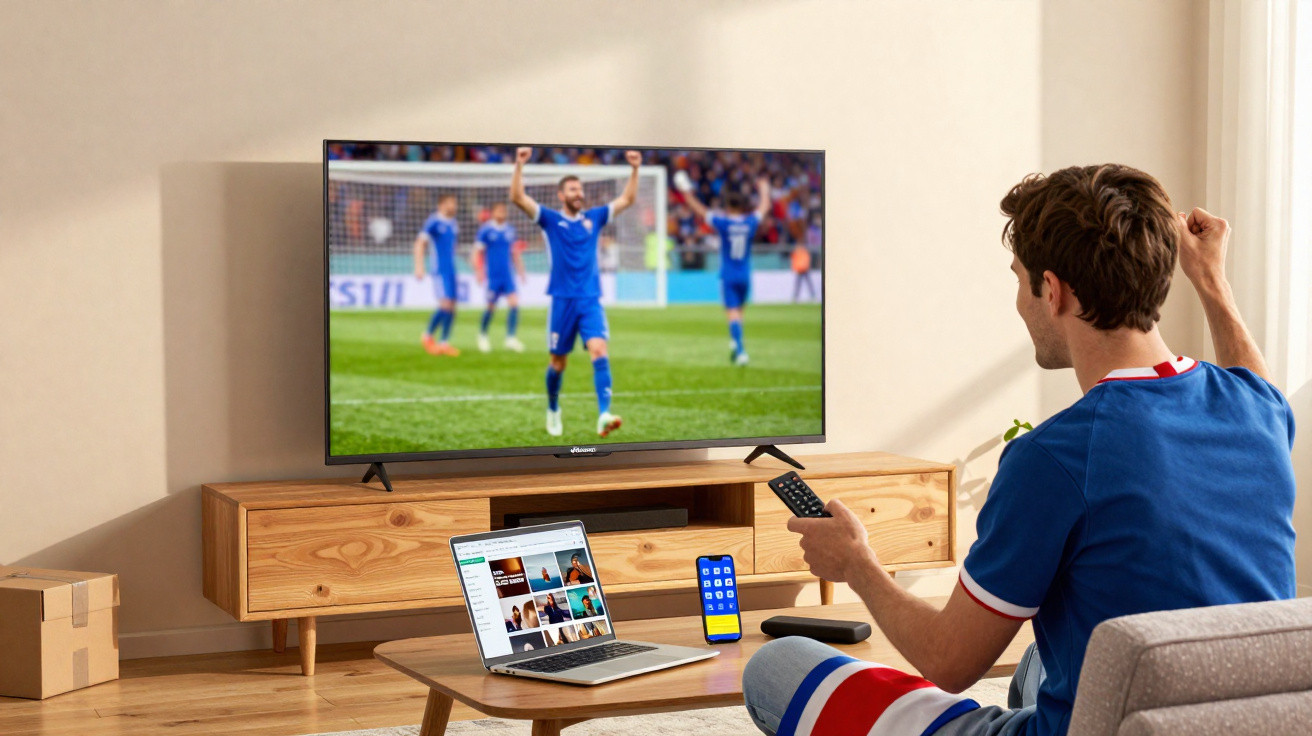 Man in blue sportswear watching football on TV, cheering in a living room with laptop and smartphone nearby.