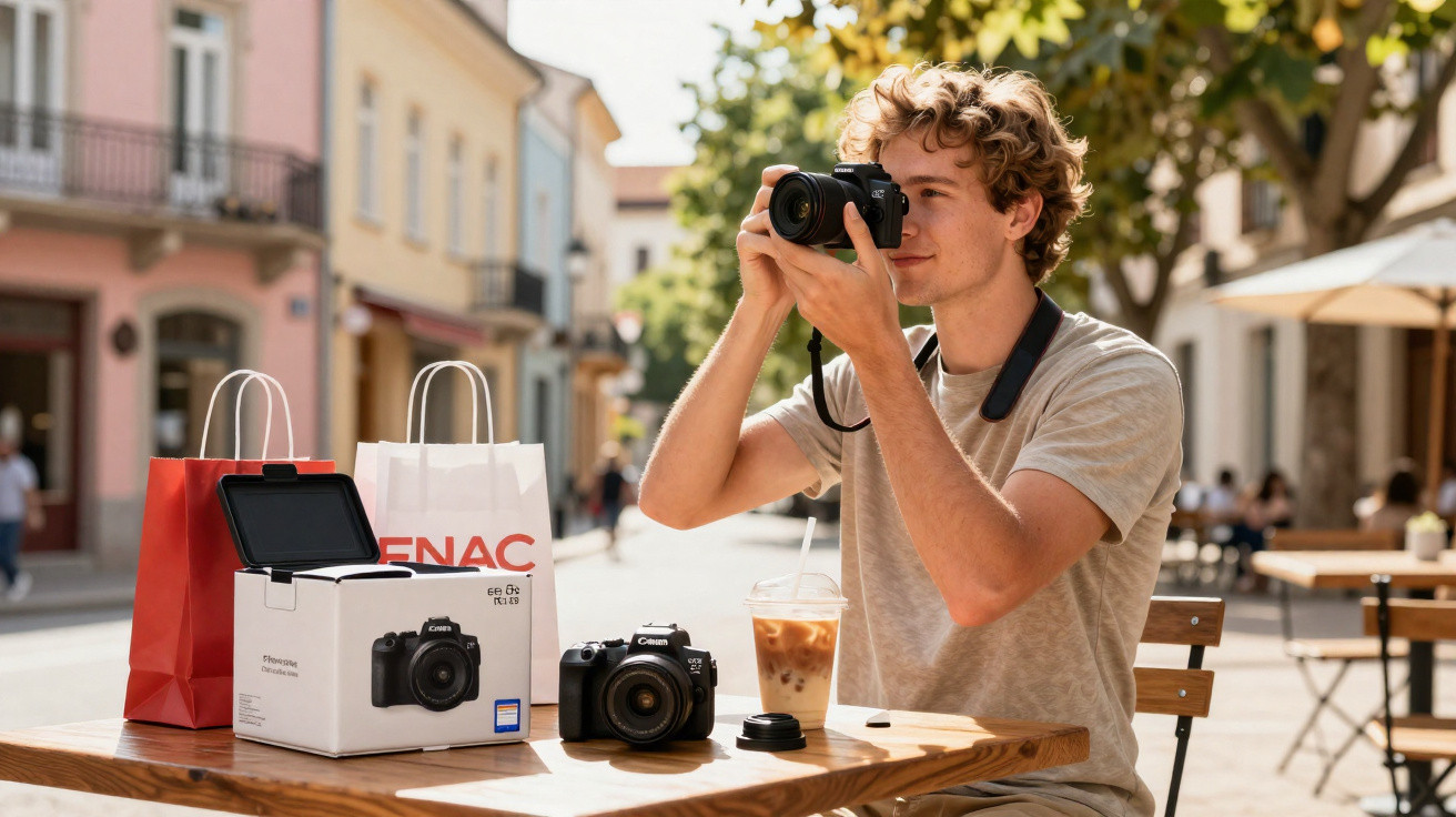 Young man sitting at outdoor table holding a camera, with camera gear and iced coffee on table.