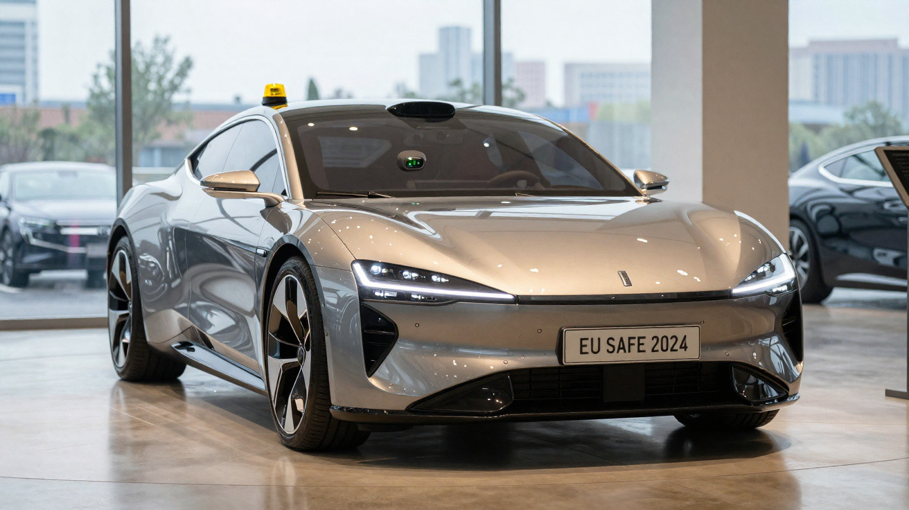 Sleek silver autonomous car with EU SAFE 2024 plate displayed indoors in a modern showroom.