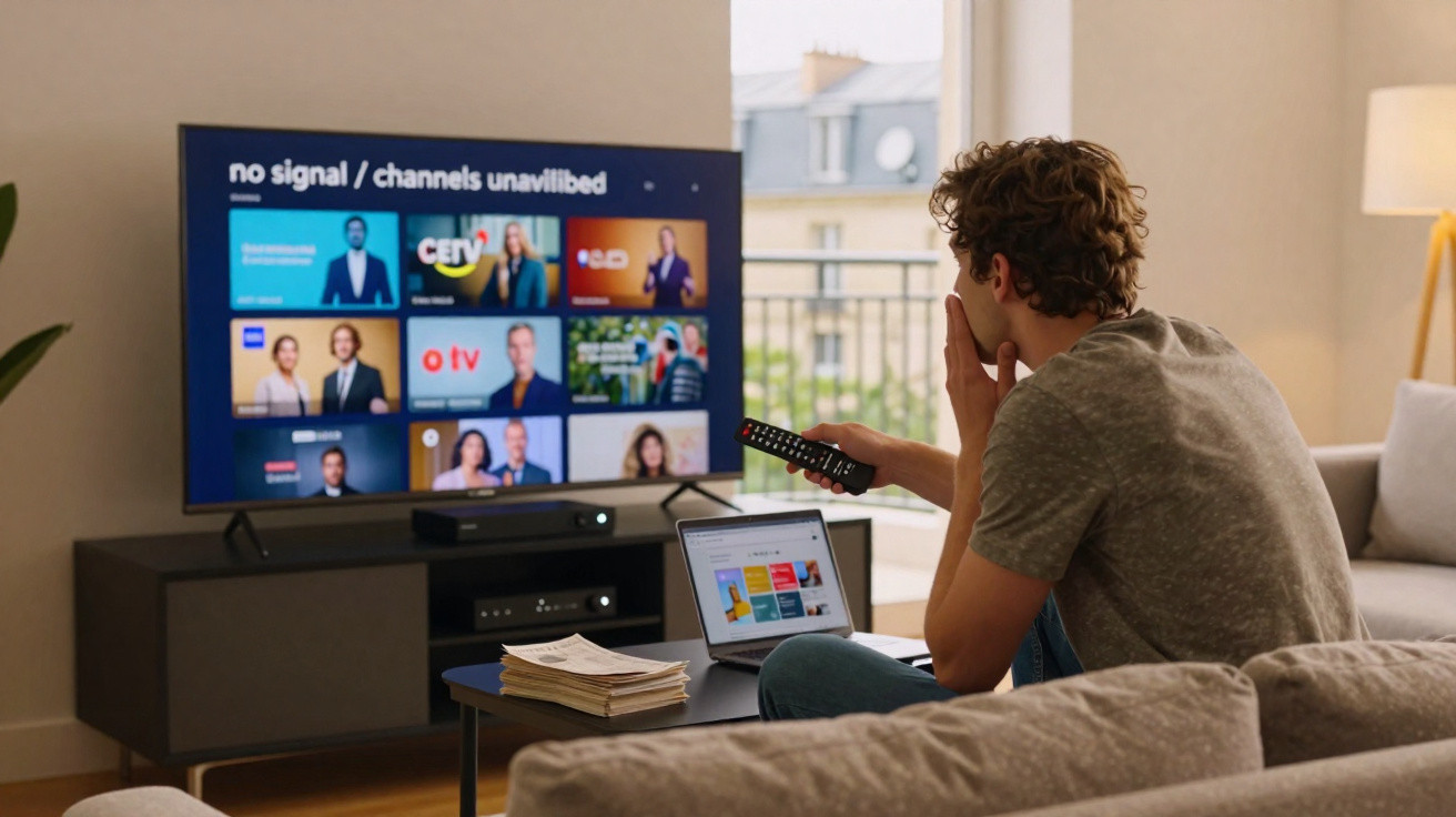 Man sitting on a sofa holding a remote, watching a TV screen showing no signal message and browsing a laptop.