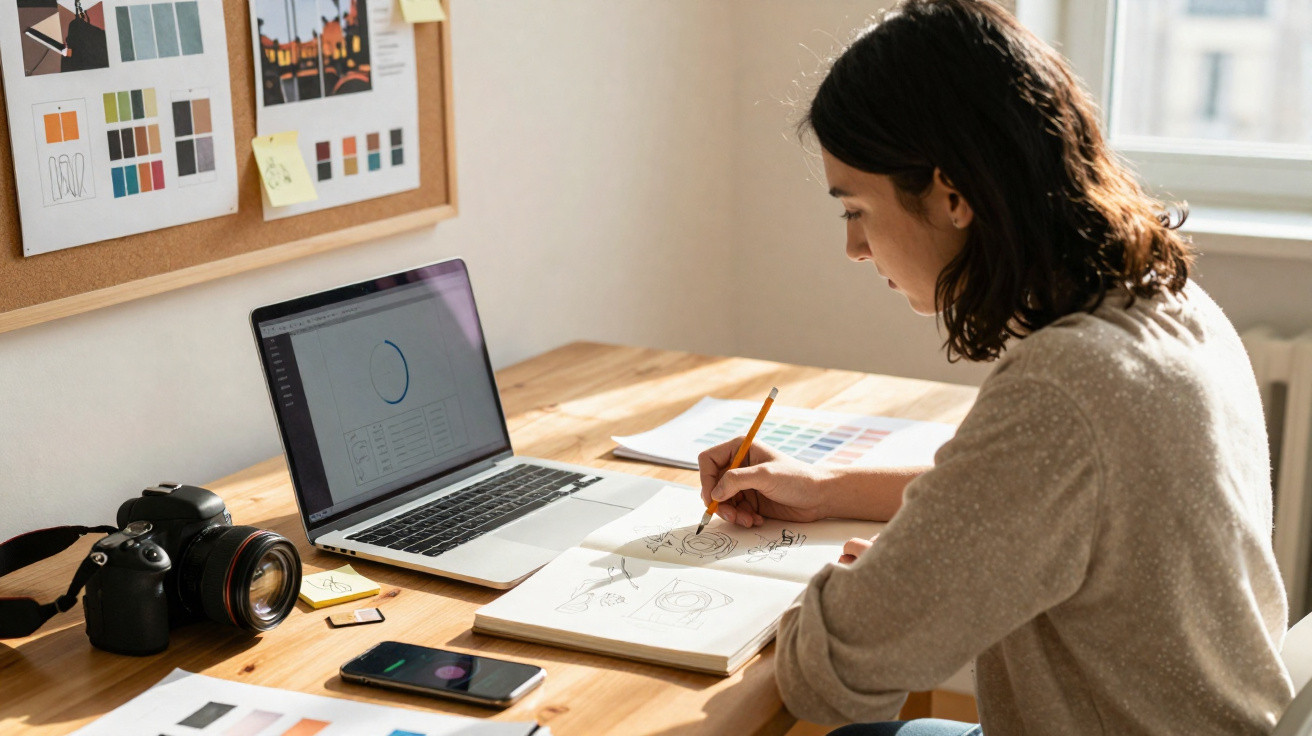 Person sketching in a notebook at a wooden desk with a laptop, camera, smartphone, and colour swatches nearby.