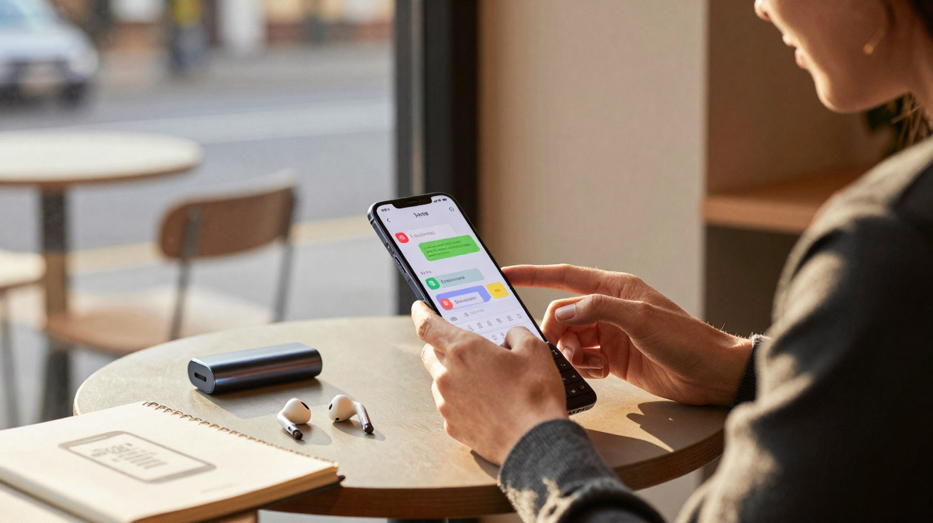 Person using a smartphone to send a text message while sitting at a café table with wireless earbuds and a notebook.