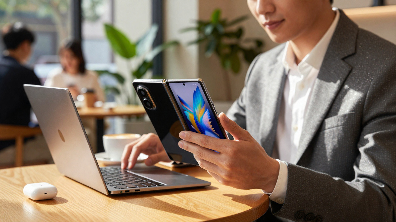 Person in grey suit using a foldable smartphone and a laptop at a wooden table in a café.