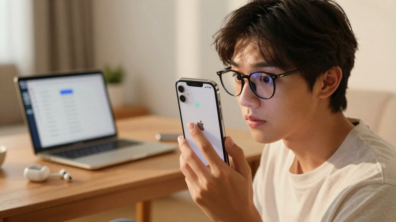 Young man wearing glasses focusing on a smartphone screen with a laptop and earbuds on a wooden desk behind him.