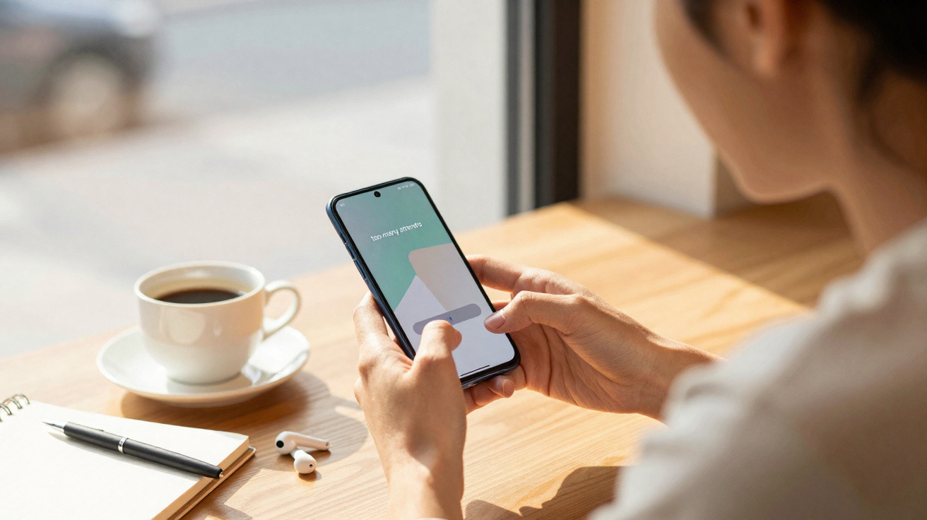 Person using a smartphone at a wooden table with a cup of coffee, notebook, pen, and wireless earbuds nearby.
