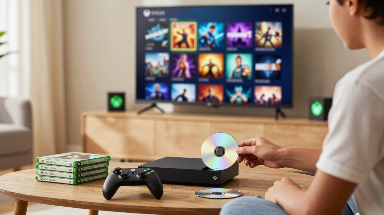Person inserting a disc into a gaming console with controller and game cases on a table, TV screen showing game selection.