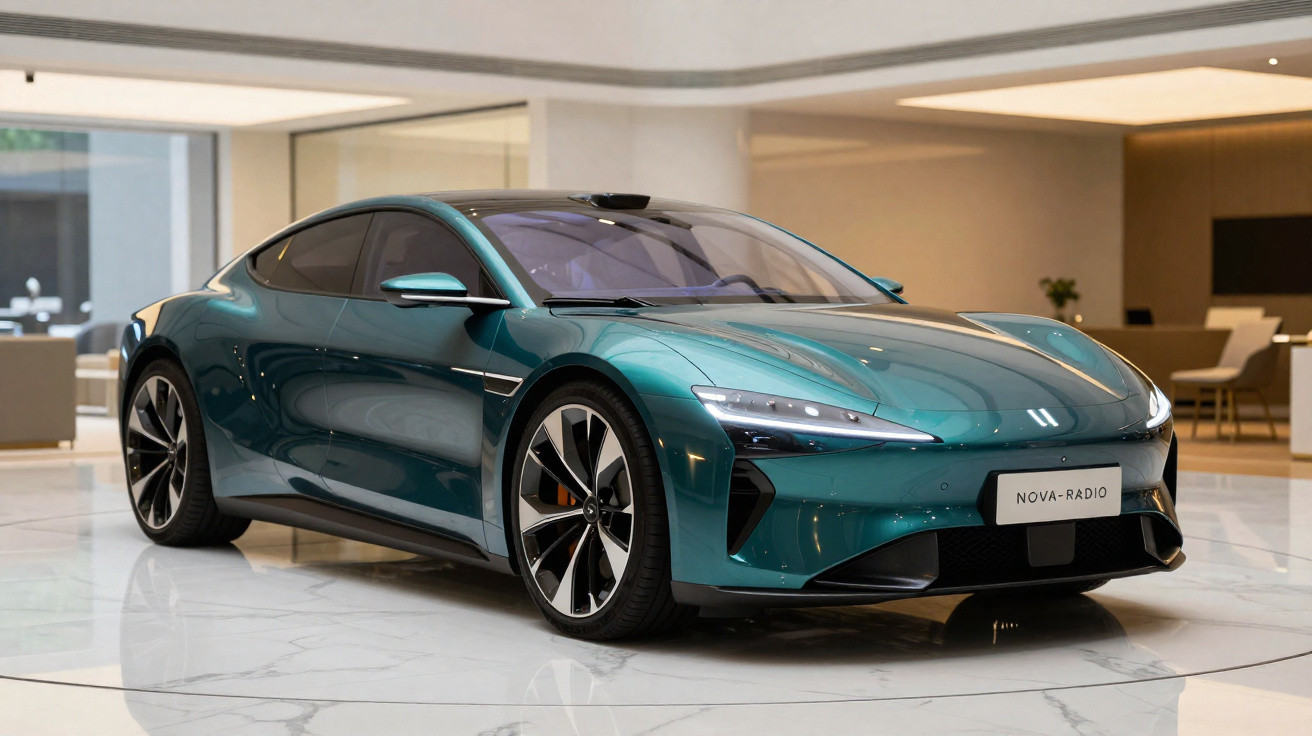 Sleek teal electric sports car with aerodynamic design displayed indoors on polished marble flooring.
