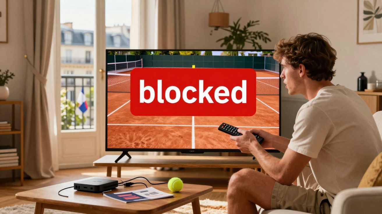 Young man sitting on sofa holding remote, TV shows a tennis court with a red "blocked" warning sign.
