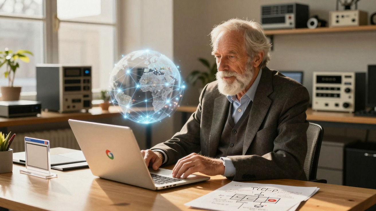 Older man working on laptop with holographic globe and network connections floating above desk in office.