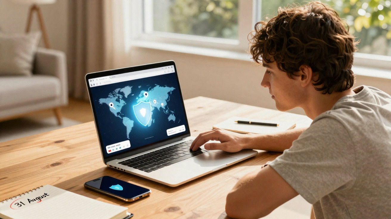 Young person sitting at table using laptop displaying global cybersecurity map with shield icons.