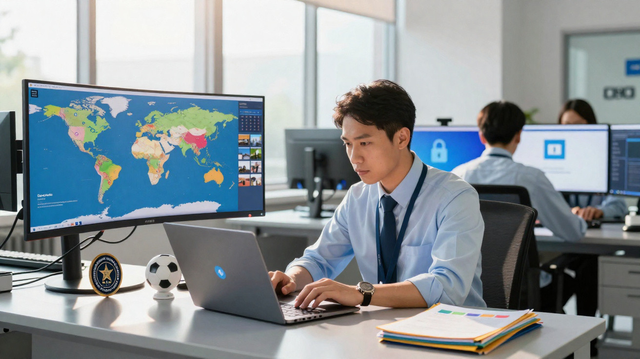 Man in office working on laptop with world map on large monitor and documents on desk