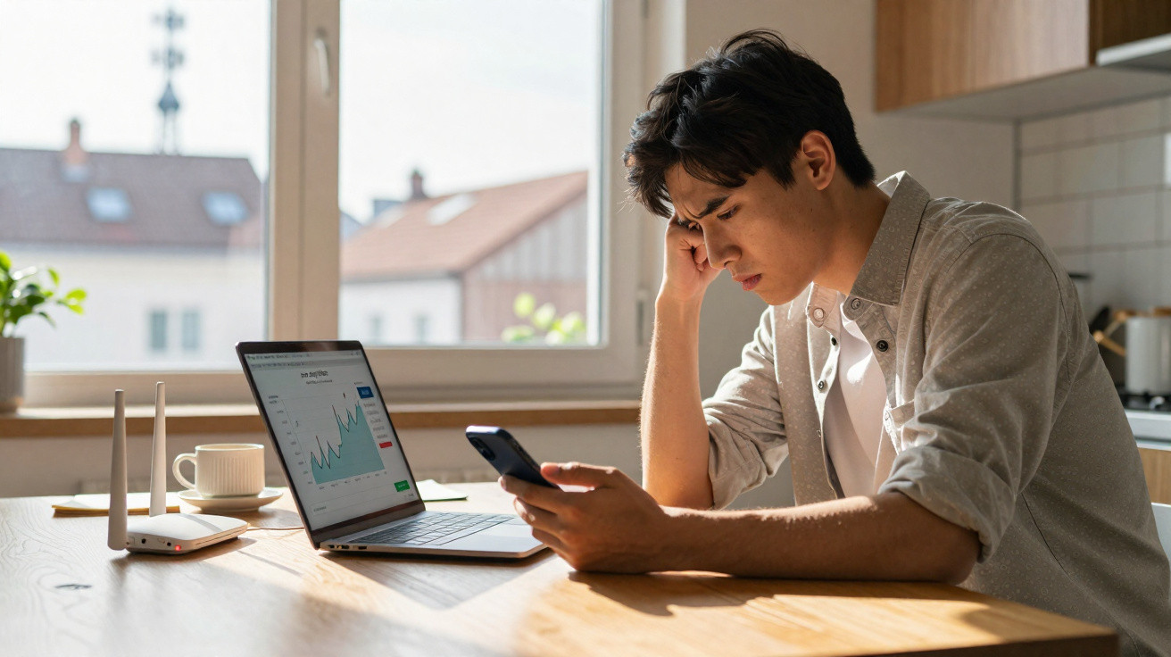 Young man looking stressed while checking phone and laptop with charts in a bright kitchen.