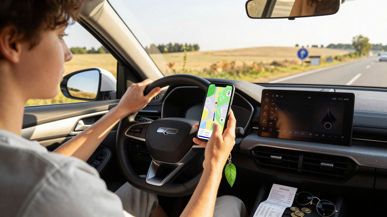 Person holding a smartphone with a navigation app while driving a car on a sunny rural road.