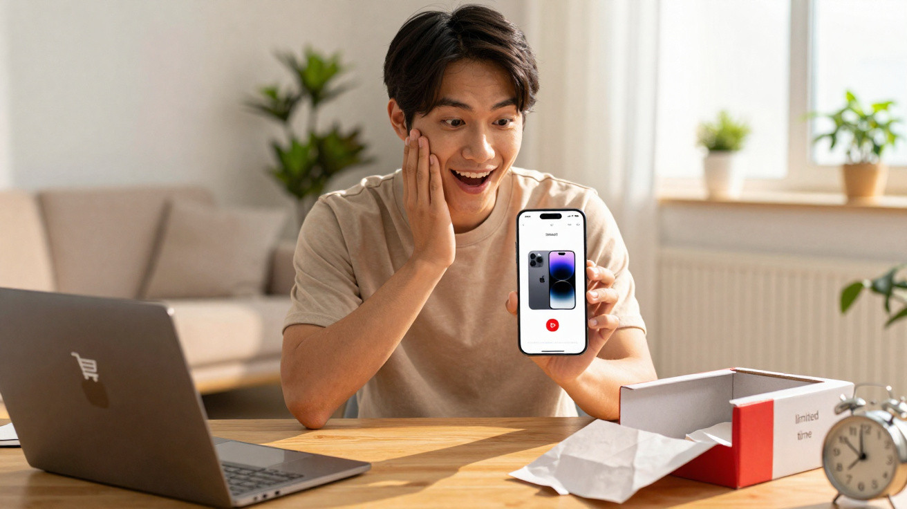 Excited young man sitting at a table showing a smartphone with a phone product page on the screen.
