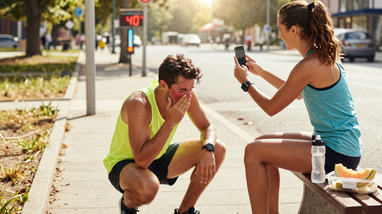 A man in neon running gear crouches tired as a woman in sportswear takes his photo on a sunny urban street.