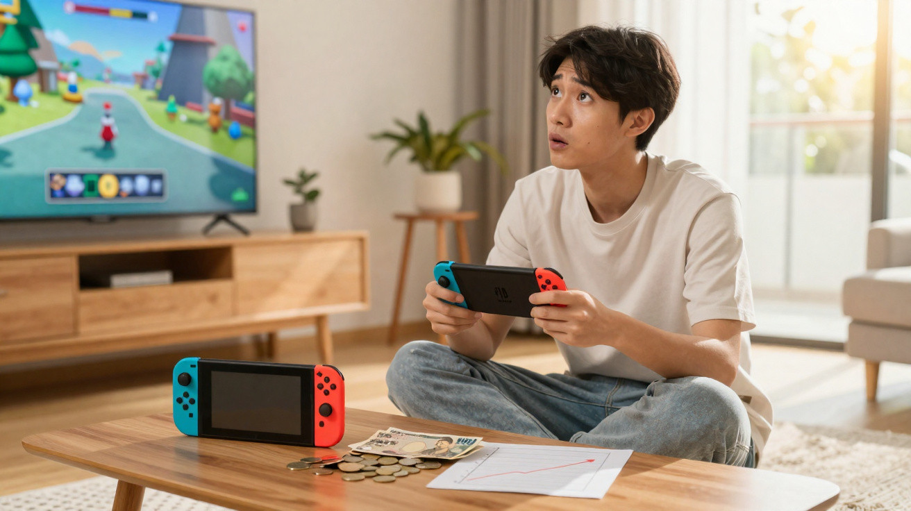 Young man sitting cross-legged on floor playing video game with console and money on table in bright living room