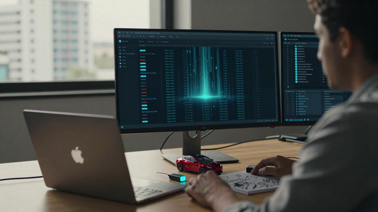 Person working at a desk with a laptop, dual monitors displaying data, and a red toy car on the table.