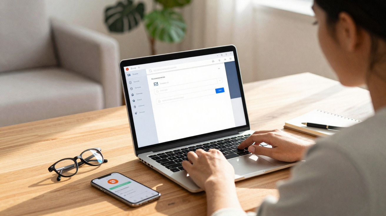 Person typing on a laptop at a wooden desk with glasses, smartphone, and notebook nearby.