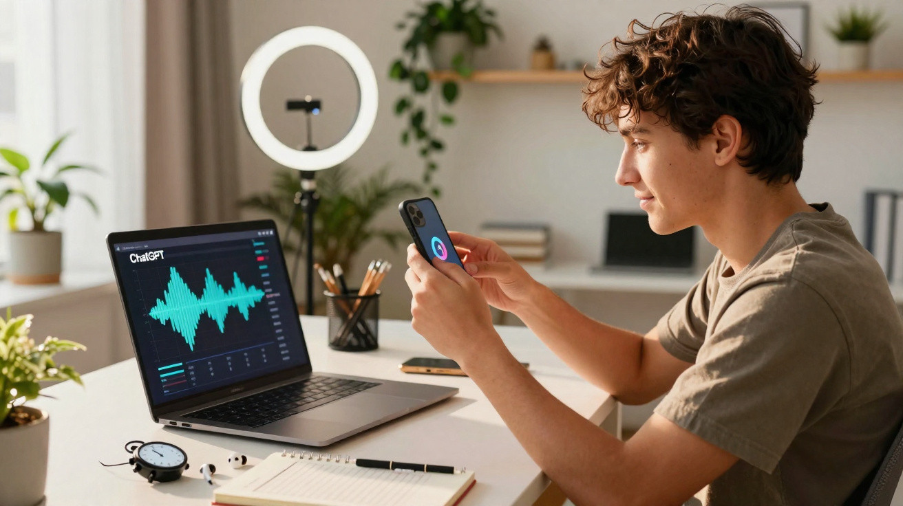 Young man using smartphone at desk with laptop displaying ChatGPT audio waveform and ring light nearby
