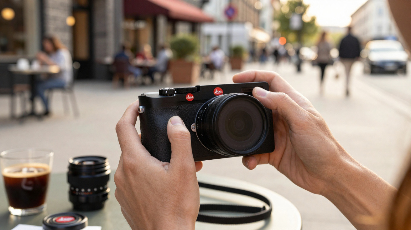 Person holding a Leica camera with a lens, coffee cup and lens on table in an outdoor café setting.