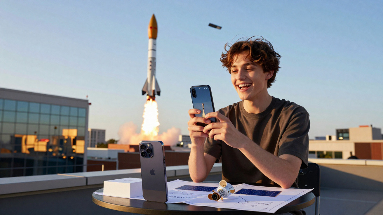 Young man smiling and holding a phone on a rooftop with a rocket launching in the background.