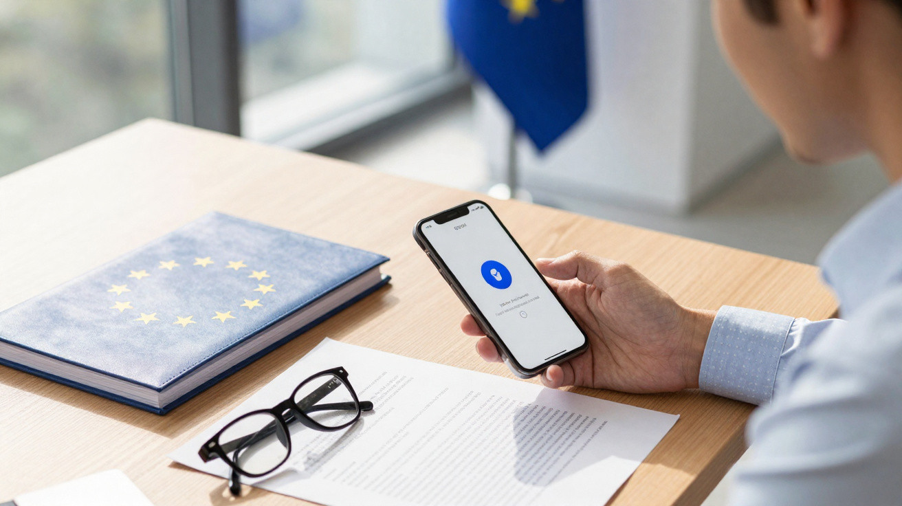 Person using smartphone with voice assistant, EU flag book, glasses, and documents on table.