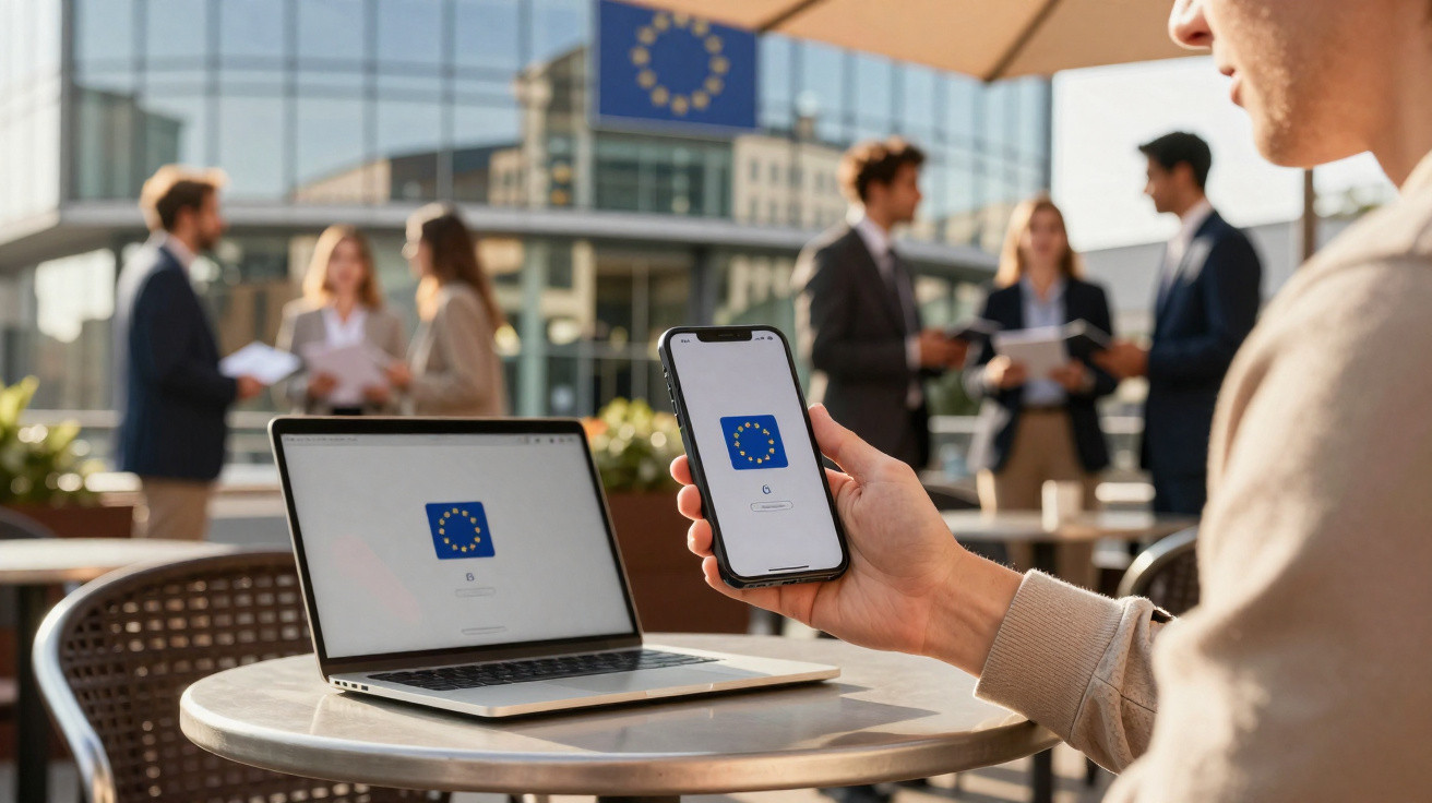 Man holding smartphone with European Union login page, laptop showing same page on outdoor table.