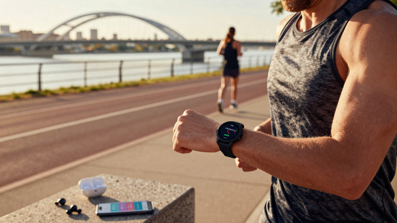 Man in sportswear checking fitness watch while running by riverside track with smartphone and earbuds nearby