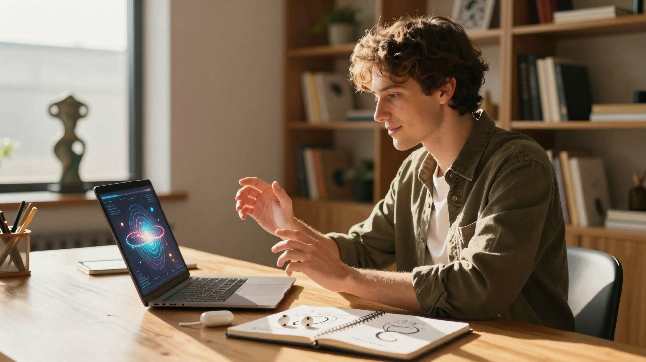 Young man sitting at a desk watching a laptop screen displaying a digital planetary orbit diagram.