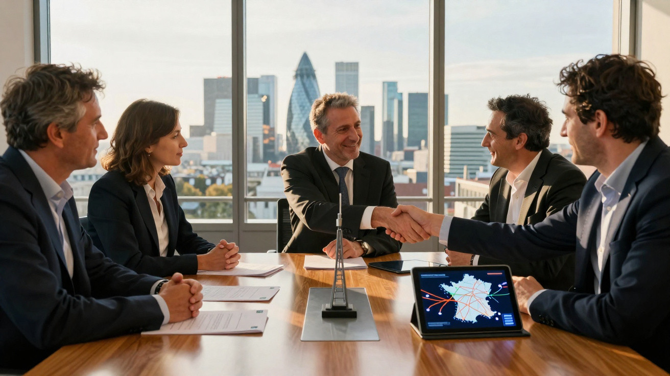 Five businesspeople in suits shaking hands and discussing with London skyline visible through large windows.
