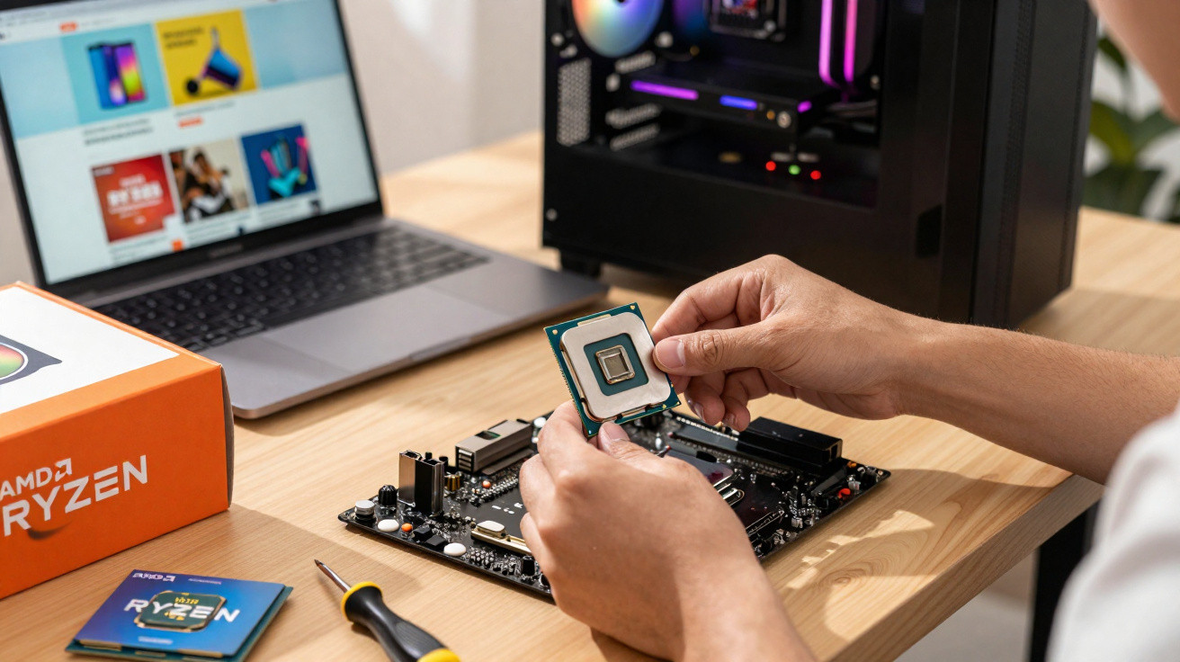 Person installing an AMD Ryzen CPU onto a motherboard beside a laptop and screwdriver on a wooden desk.