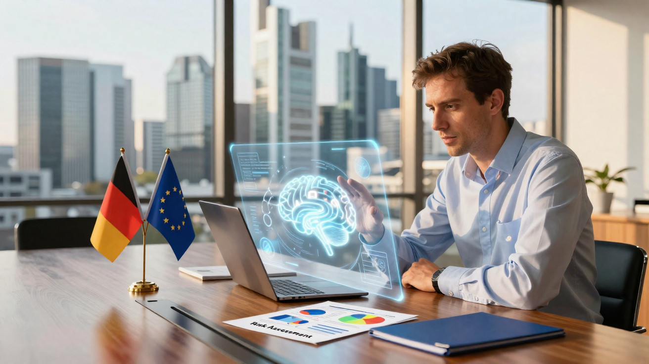 Man in office interacting with holographic brain image on laptop, with German and EU flags on desk.