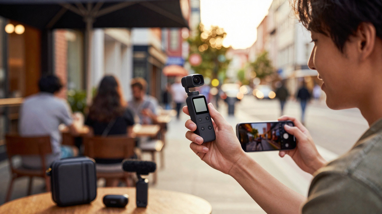 Person holding a compact handheld camera and smartphone, recording on a city street with outdoor seating nearby.