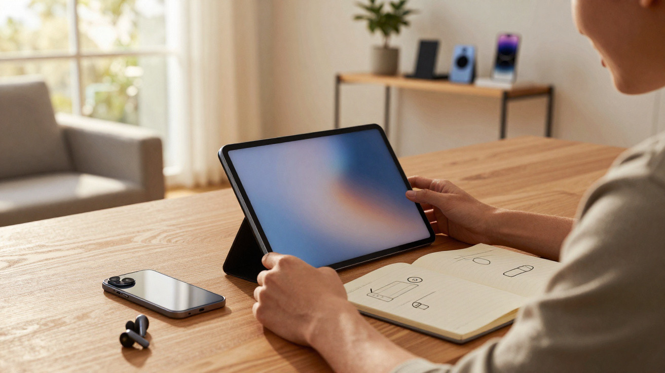 Person using tablet on wooden desk with smartphone, wireless earbuds, and open notebook with sketches.
