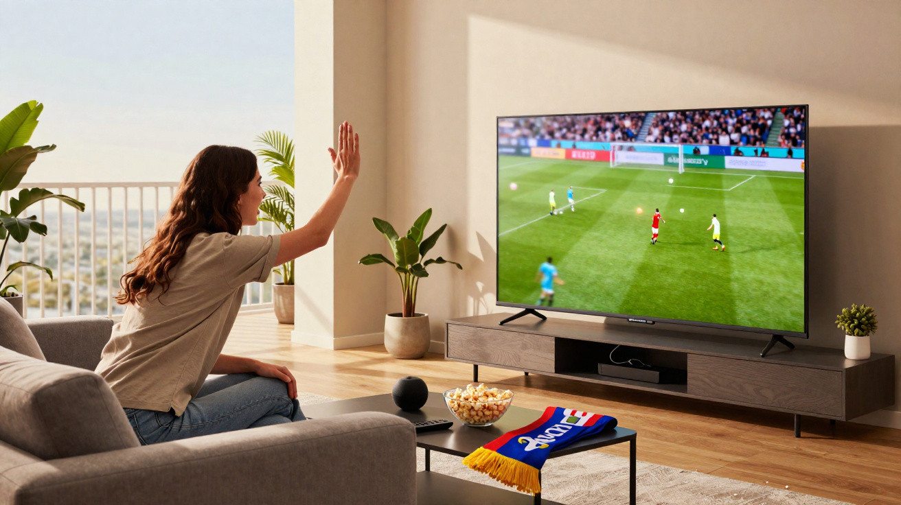 Woman sitting on a sofa in a living room watching a football match on a large TV.