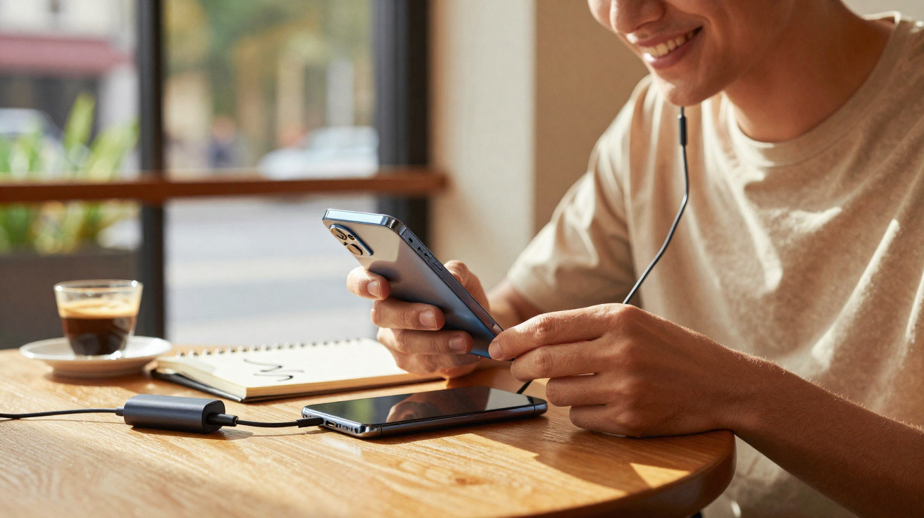 Person smiling and using smartphone with earphones at a wooden table with coffee and notebook nearby