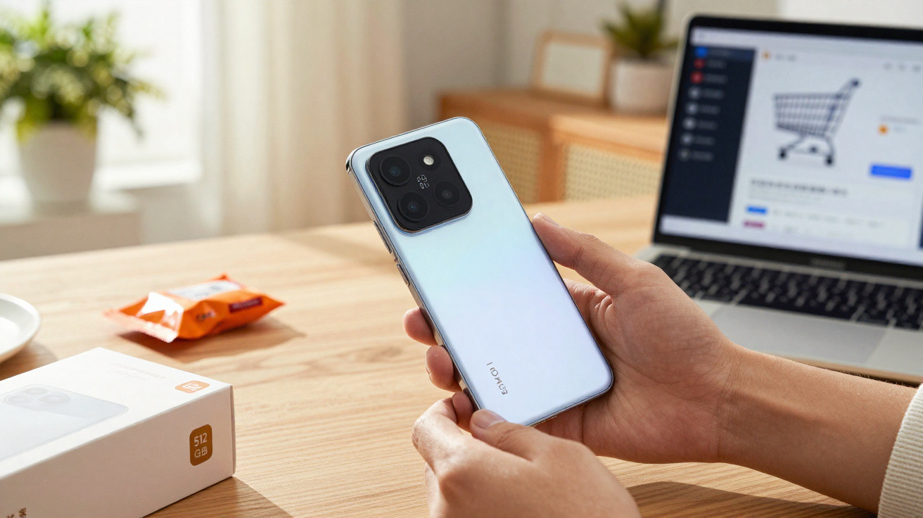 Person holding a white smartphone with a laptop and phone box on a wooden table in the background.