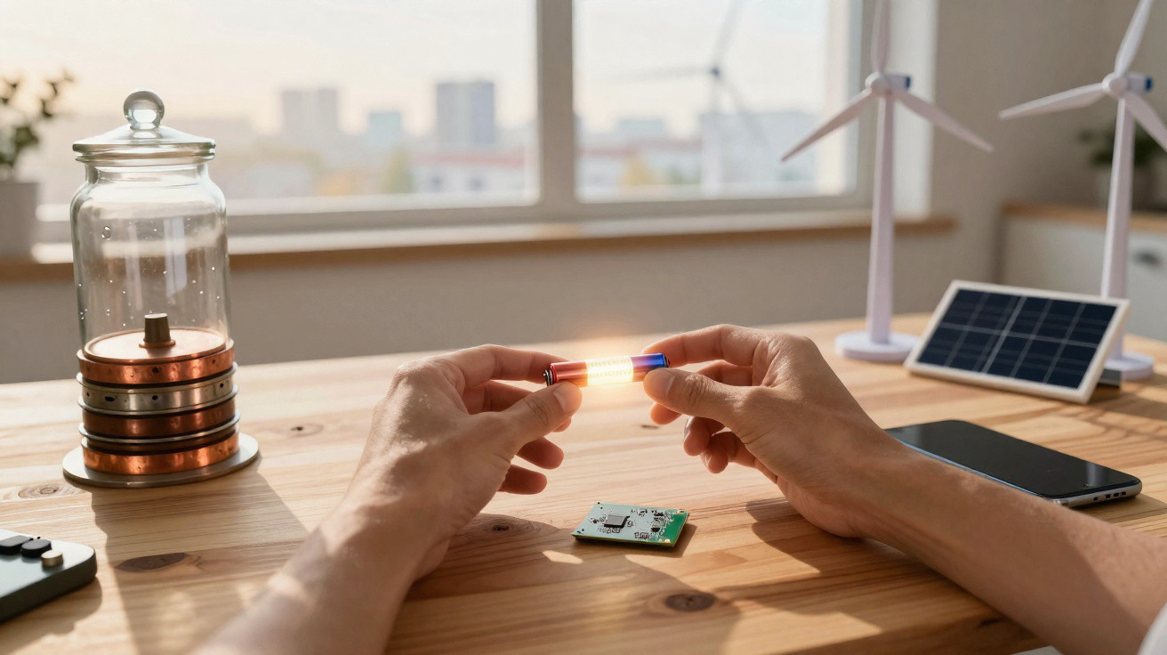 Hands holding a glowing cylindrical energy cell over a wooden table with solar panel and small wind turbines.