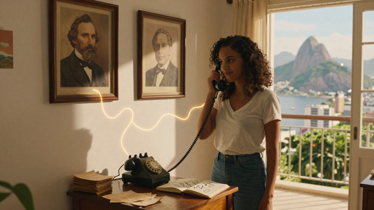 Young woman speaking on a vintage rotary phone in a sunlit room with a mountain and city view outside.
