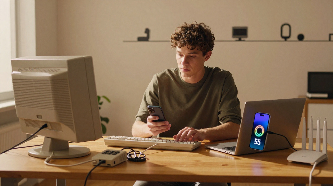 Young man using a smartphone and typing on a keyboard at a desk with a laptop and vintage monitor.