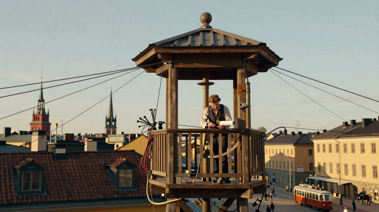 Man standing in a wooden observation tower overlooking a city with historic buildings and a tram below.