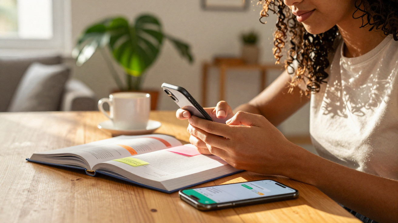 Woman sitting at a wooden table using a smartphone with an open book and another phone placed nearby in a well-lit room.