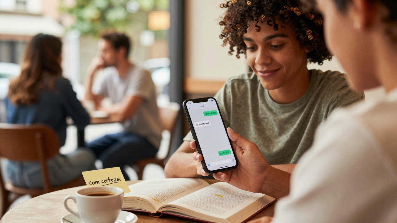 Two people sitting at a cafe table with an open book and one showing a phone screen with text messages.