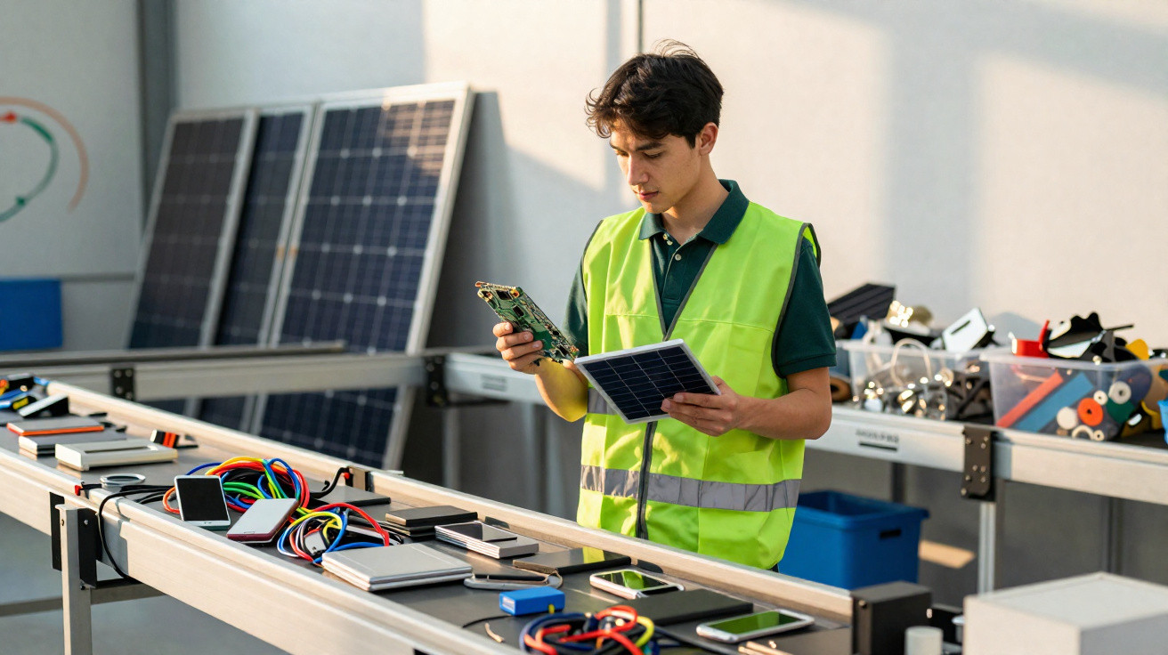 Young technician in high-visibility vest inspecting solar panel components in a workshop with solar cells and wires.
