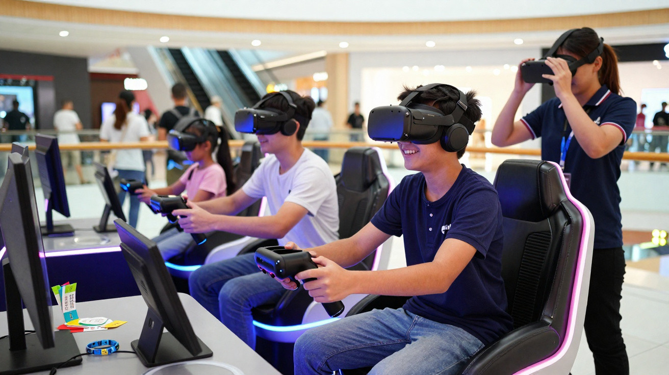 Four people using VR headsets and controllers in a gaming setup within a shopping mall.