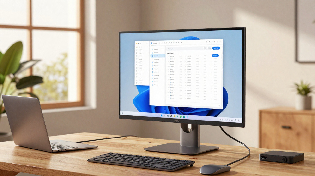 Desktop setup with an ultrawide Dell monitor, laptop, keyboard, mouse, and a small device on a wooden desk by a window.