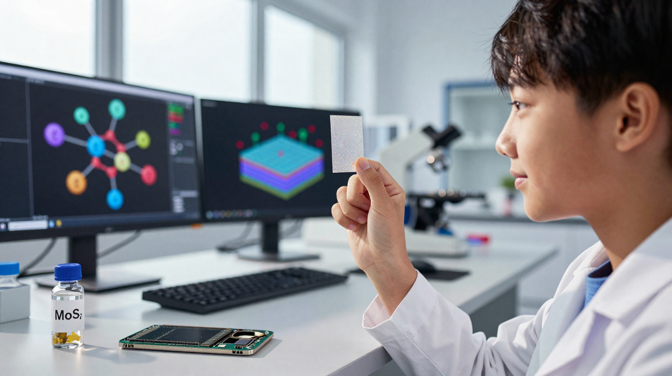 Scientist in lab coat examining a thin rectangular material with computer screens showing molecular models in the background.